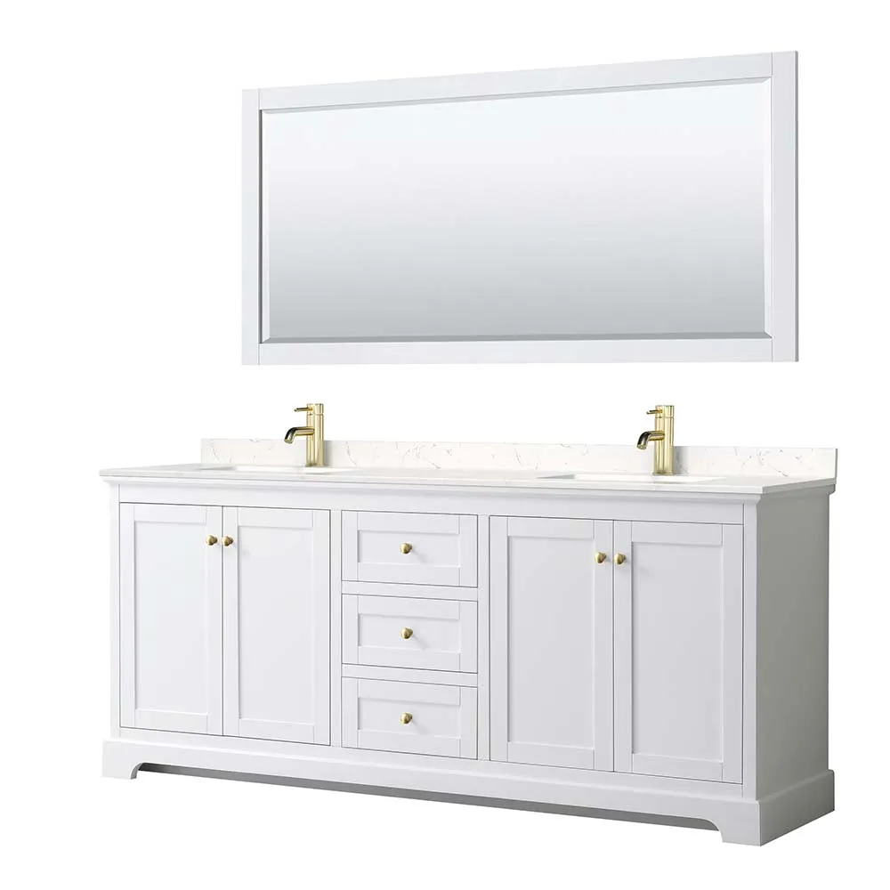 Avery 80 Inch Double Bathroom Vanity in White - Brushed Gold Trim