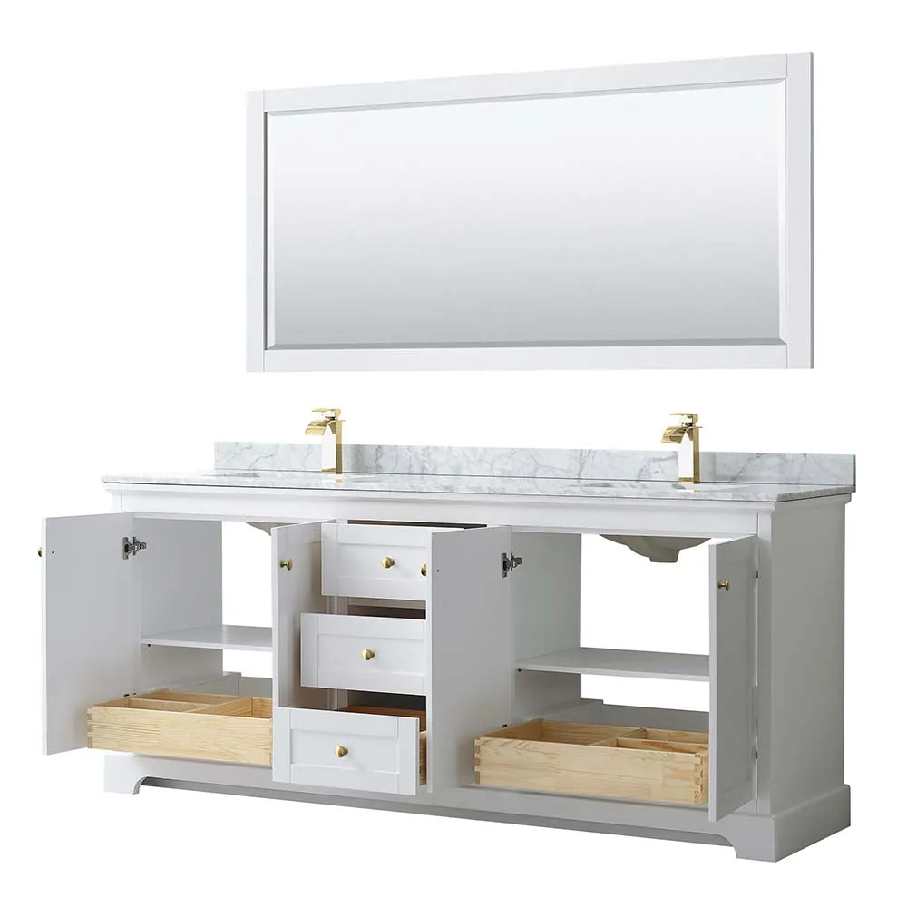 Avery 80 Inch Double Bathroom Vanity in White - Brushed Gold Trim