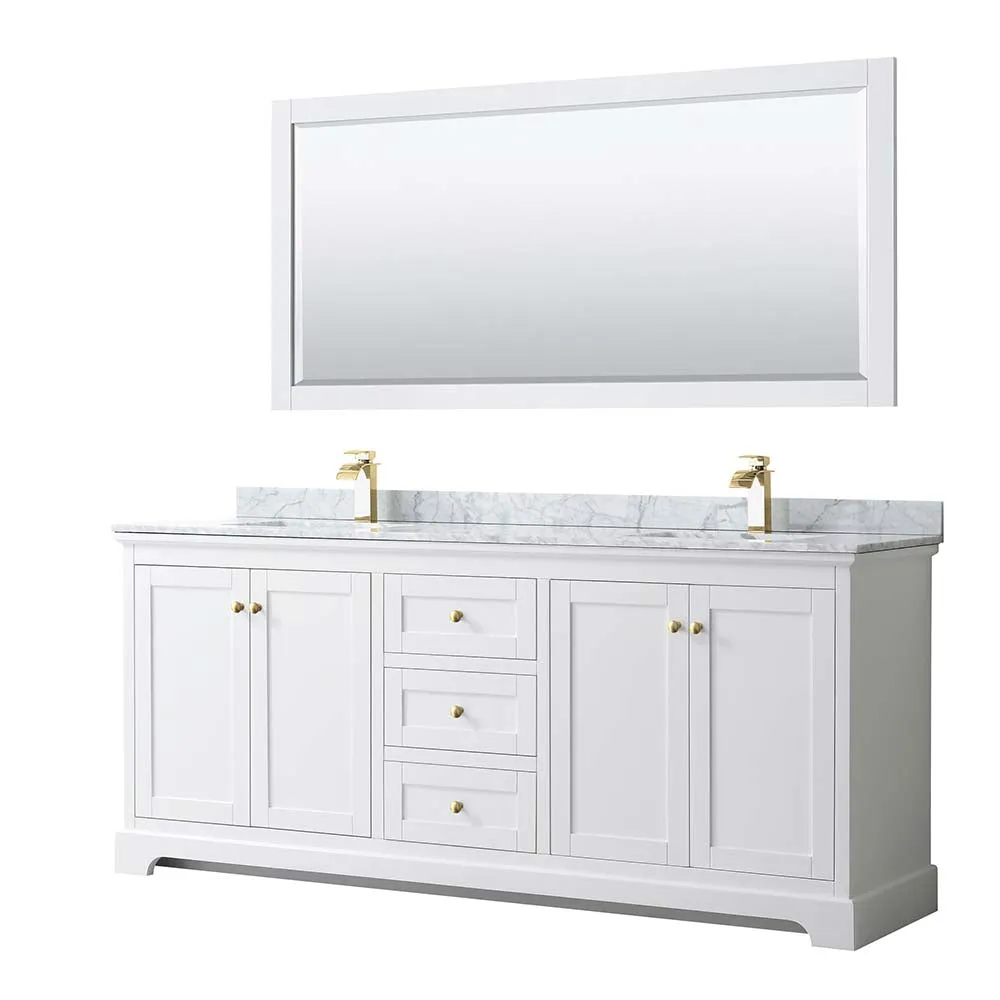 Avery 80 Inch Double Bathroom Vanity in White - Brushed Gold Trim