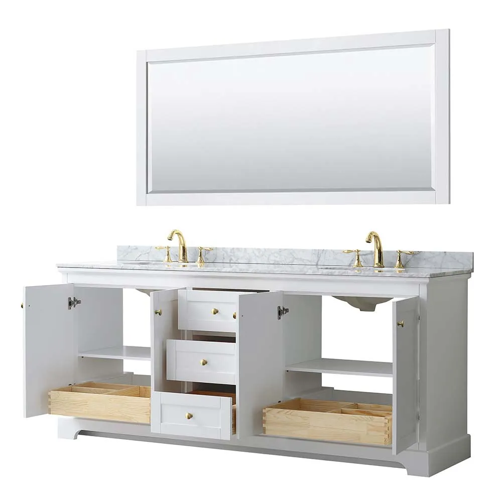Avery 80 Inch Double Bathroom Vanity in White - Brushed Gold Trim