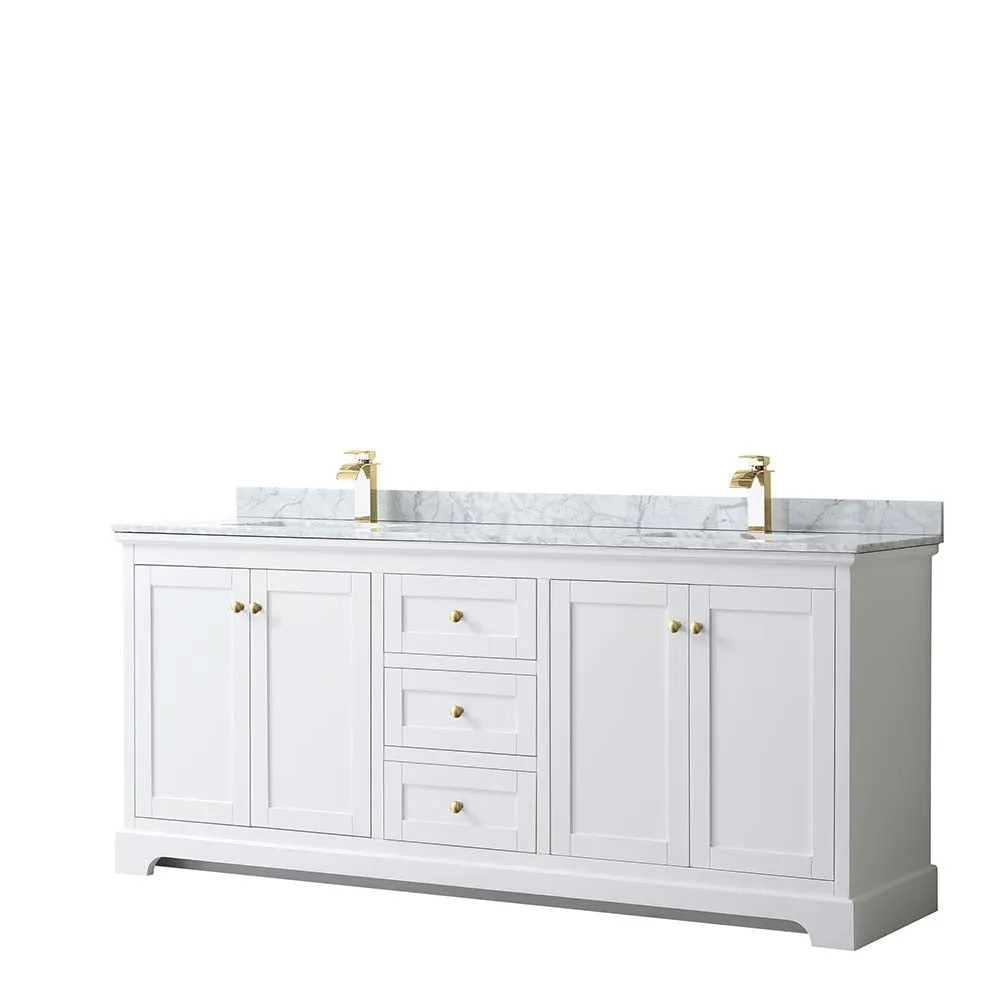Avery 80 Inch Double Bathroom Vanity in White - Brushed Gold Trim