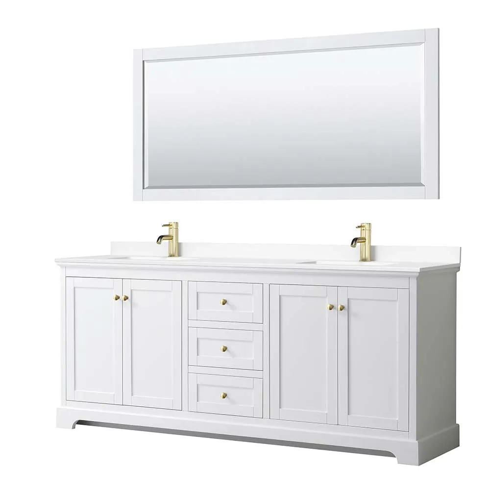 Avery 80 Inch Double Bathroom Vanity in White - Brushed Gold Trim