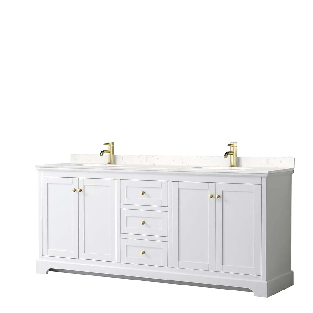Avery 80 Inch Double Bathroom Vanity in White - Brushed Gold Trim