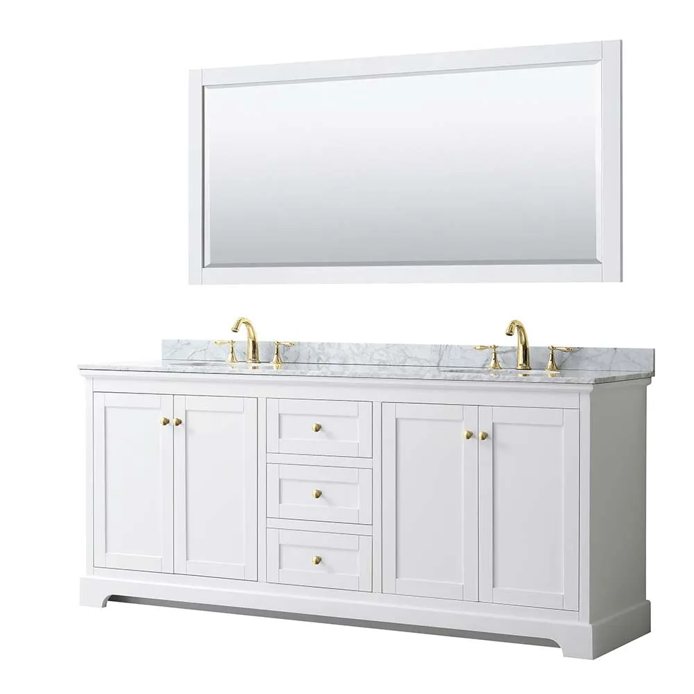 Avery 80 Inch Double Bathroom Vanity in White - Brushed Gold Trim