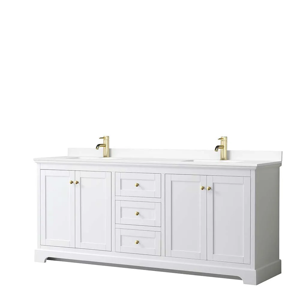 Avery 80 Inch Double Bathroom Vanity in White - Brushed Gold Trim