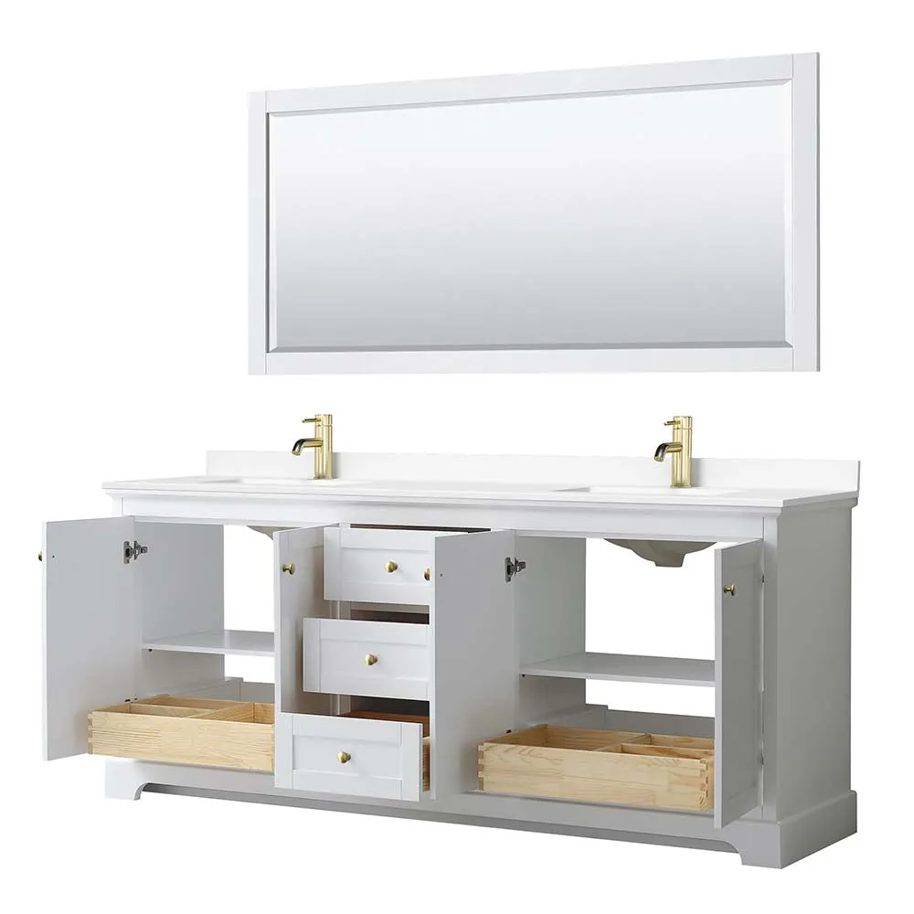 Avery 80 Inch Double Bathroom Vanity in White - Brushed Gold Trim
