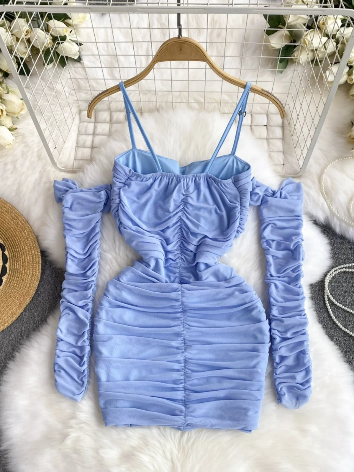 Azure Elegance Puff Sleeve Ruched Mini Dress