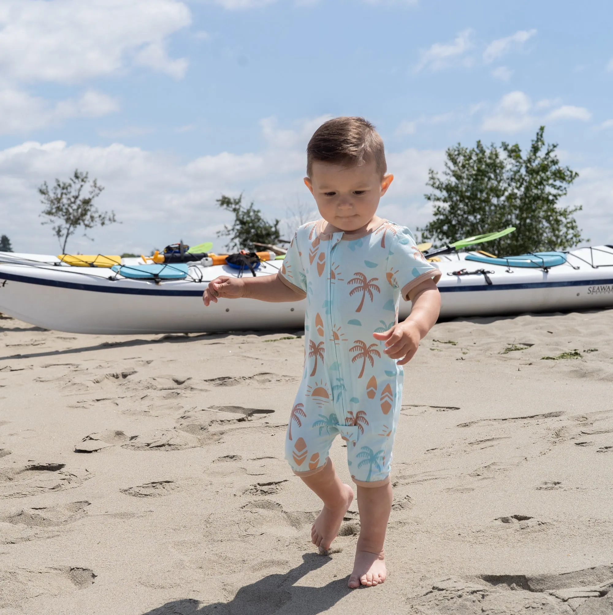 Bamboo Short Sleeve Zippy Romper (Sunny Shores Print)