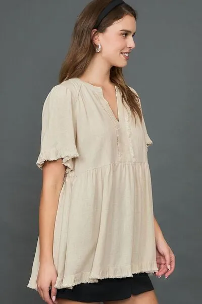 Beige Raw Hem Notched Babydoll Linen Blouse