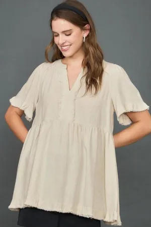 Beige Raw Hem Notched Babydoll Linen Blouse