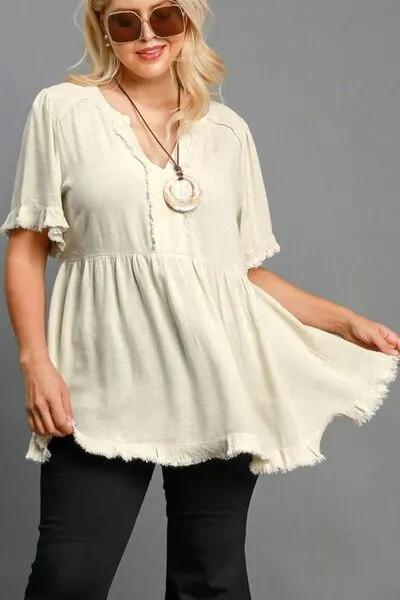 Beige Raw Hem Notched Babydoll Linen Blouse