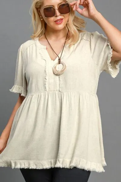 Beige Raw Hem Notched Babydoll Linen Blouse