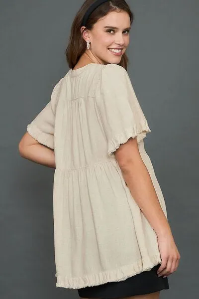 Beige Raw Hem Notched Babydoll Linen Blouse