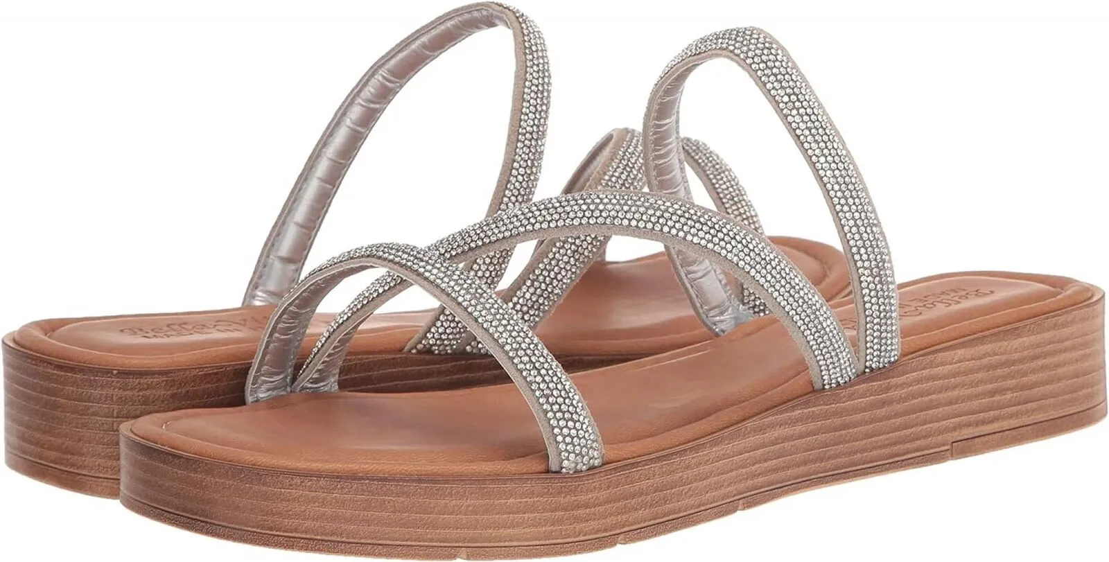 Bella Vita Women's Ona-Italy Sparkle Slide Flat Sandal Silver Metallic Gray 6M
