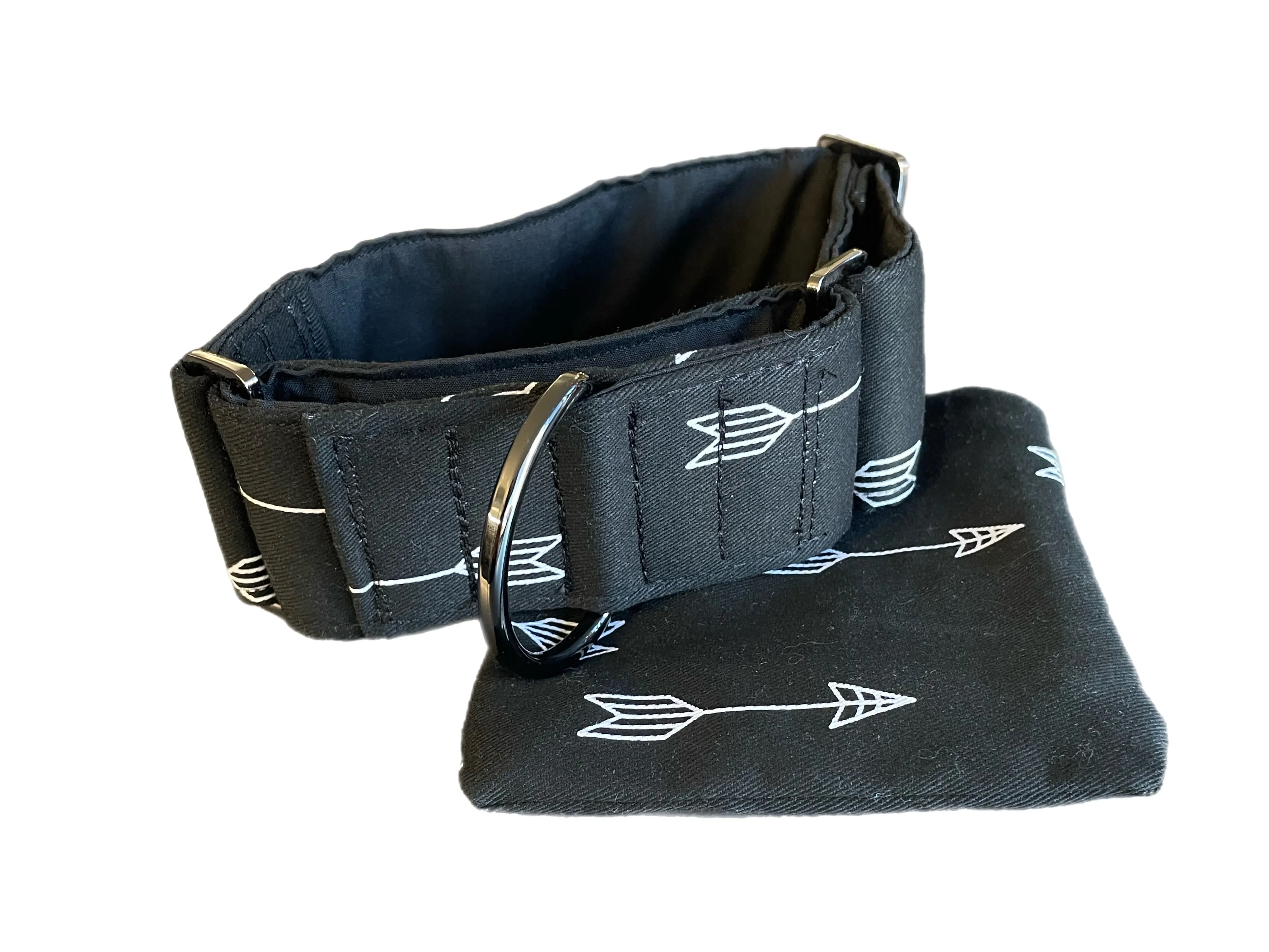 Black with arrows cotton covered greyhound Martingale collar 50mm width