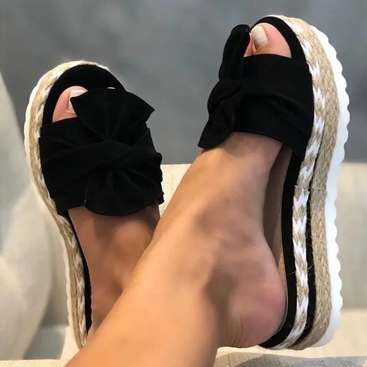 Bow Detail Platform Sandals with Woven Geometric Design