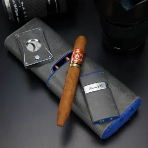 Brizard and Co. The "Show Band" 3 Cigar Case - Blue Ostrich and Gray Leather