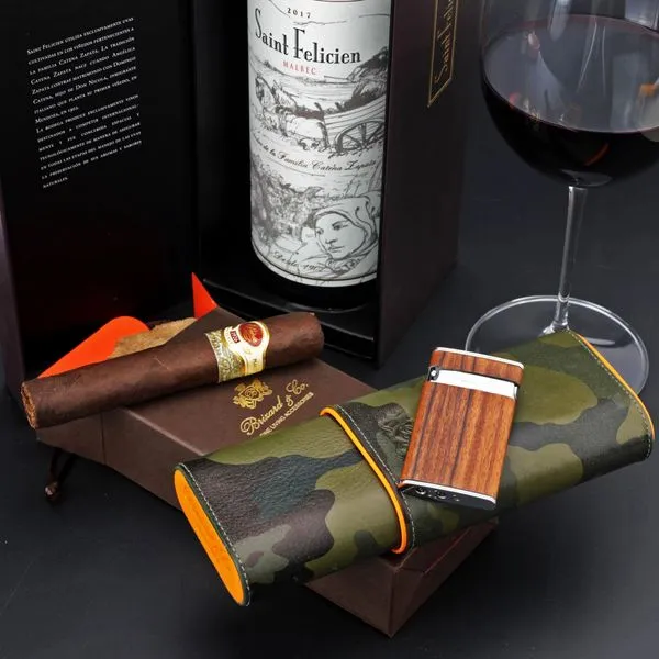 Brizard and Co. The "Show Band" 3 Cigar Case - Camouflage and Orange Leather