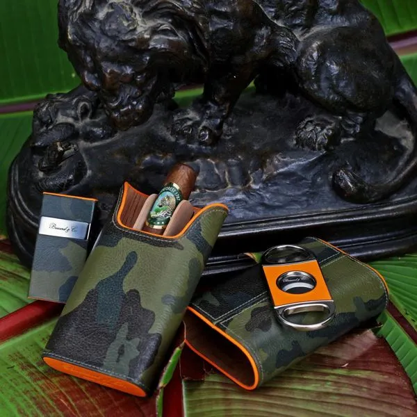 Brizard and Co. The "Show Band" 3 Cigar Case - Camouflage and Orange Leather