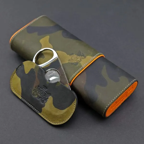 Brizard and Co. The "Show Band" 3 Cigar Case - Camouflage and Orange Leather
