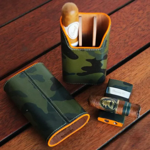 Brizard and Co. The "Show Band" 3 Cigar Case - Camouflage and Orange Leather