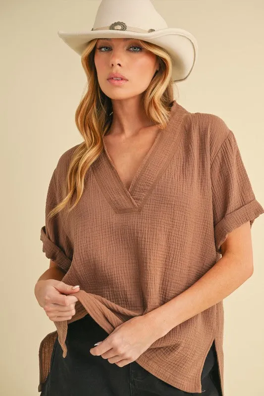 Brown V-Neck Short Sleeve Blouse
