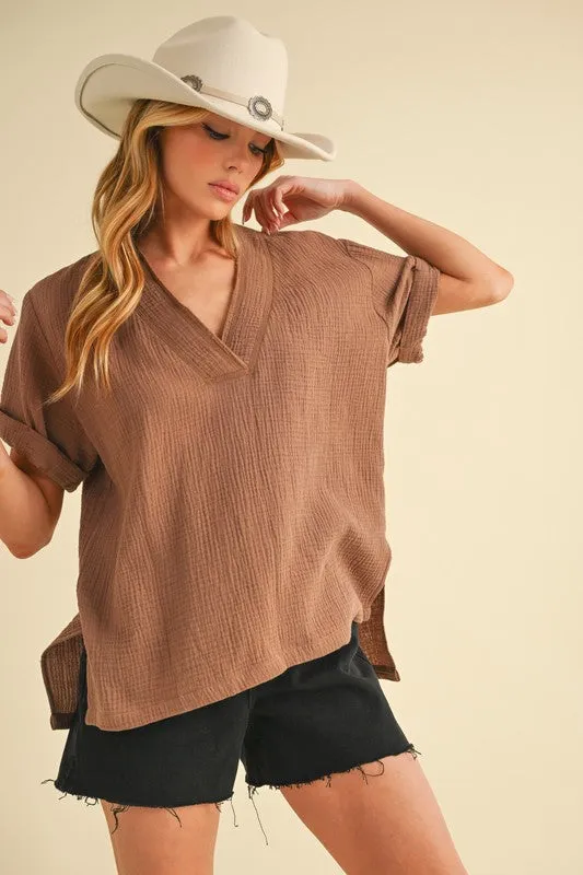 Brown V-Neck Short Sleeve Blouse