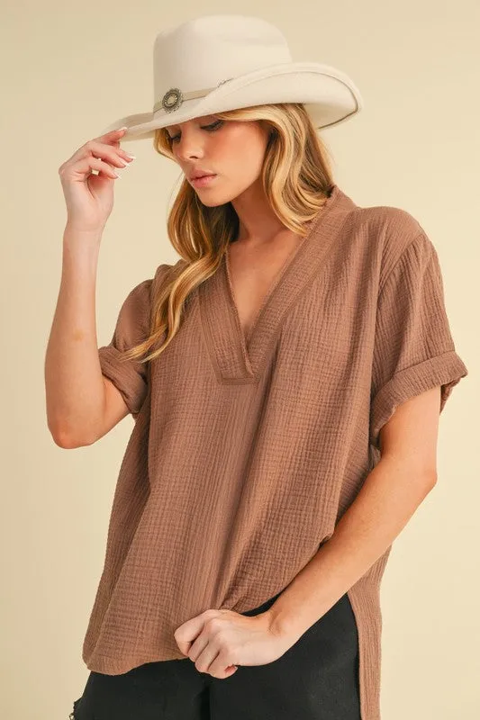 Brown V-Neck Short Sleeve Blouse
