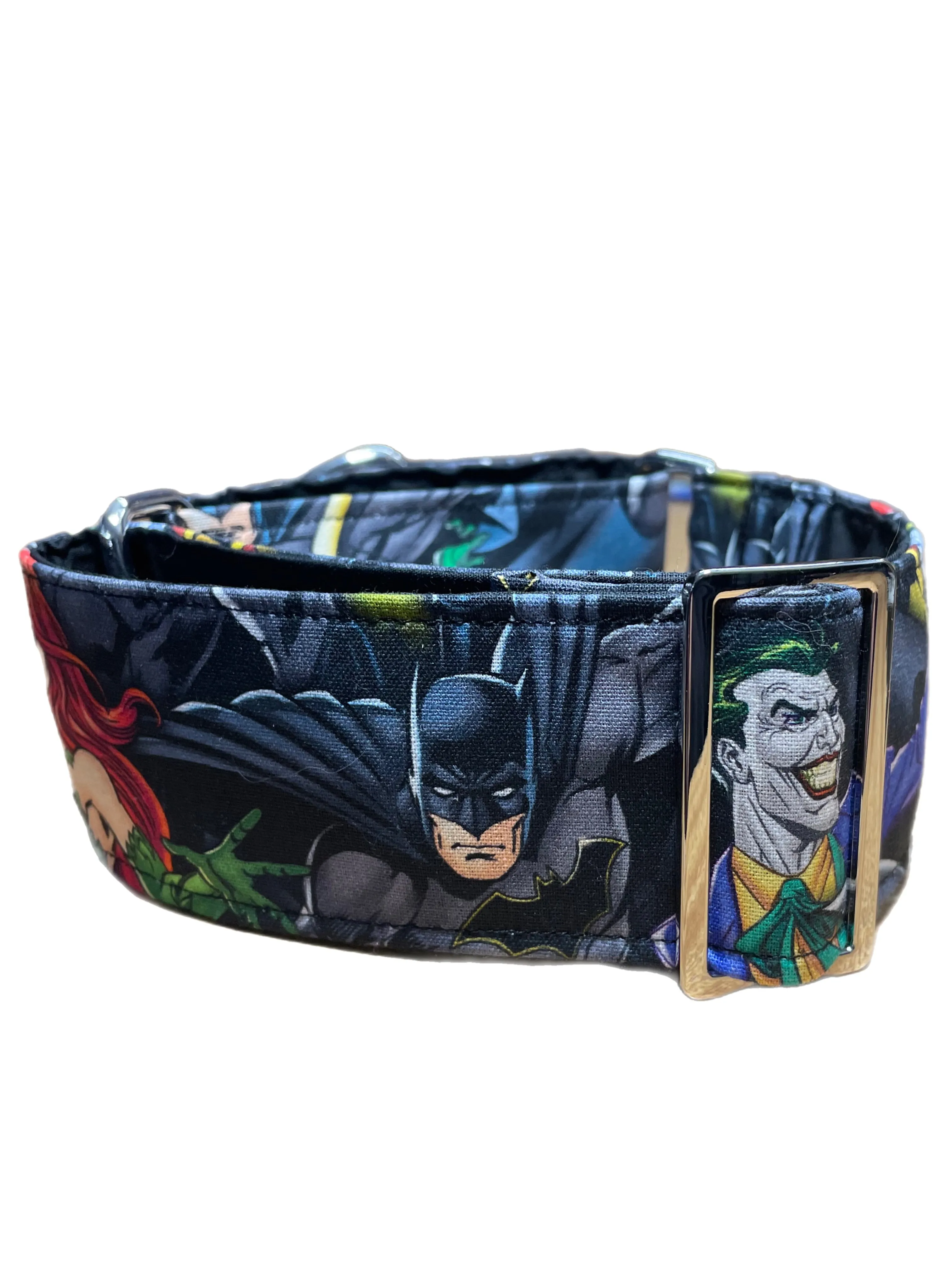 Cotton covered greyhound Martingale collar Batman, Robin, The Joker and Poison Ivy 50mm width