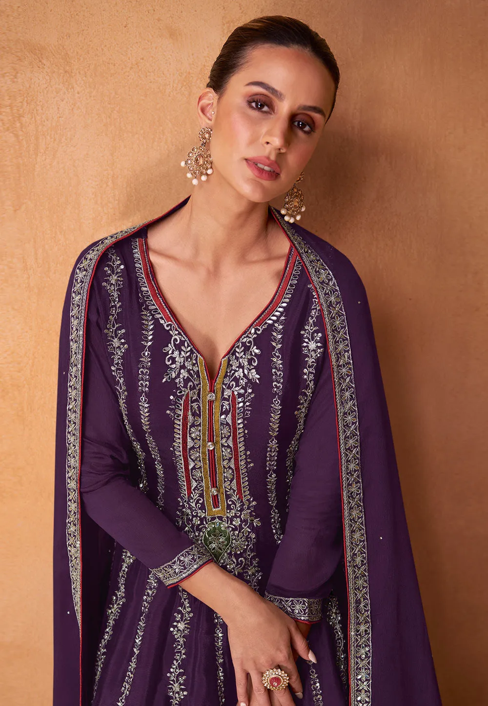 Dream Purple Palazzo Pants with Vibrant Floral Embroidery Suit