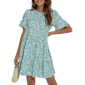 Floral A-Line Dress with Ruffle Sleeves - Spring Cotton Dress