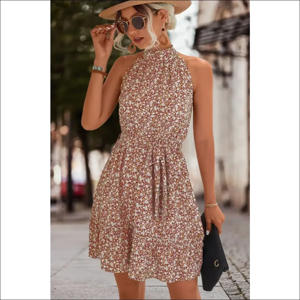 Floral Frill Trim Keyhole Sleeveless Dress