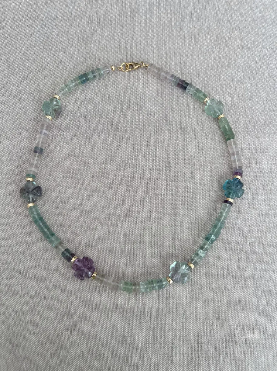 Fluorite Necklace with Carved Fluorite Flower Accents