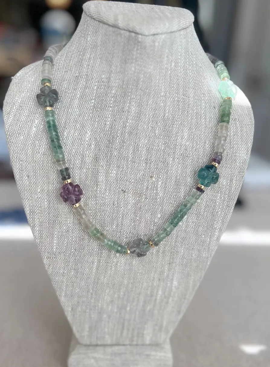 Fluorite Necklace with Carved Fluorite Flower Accents
