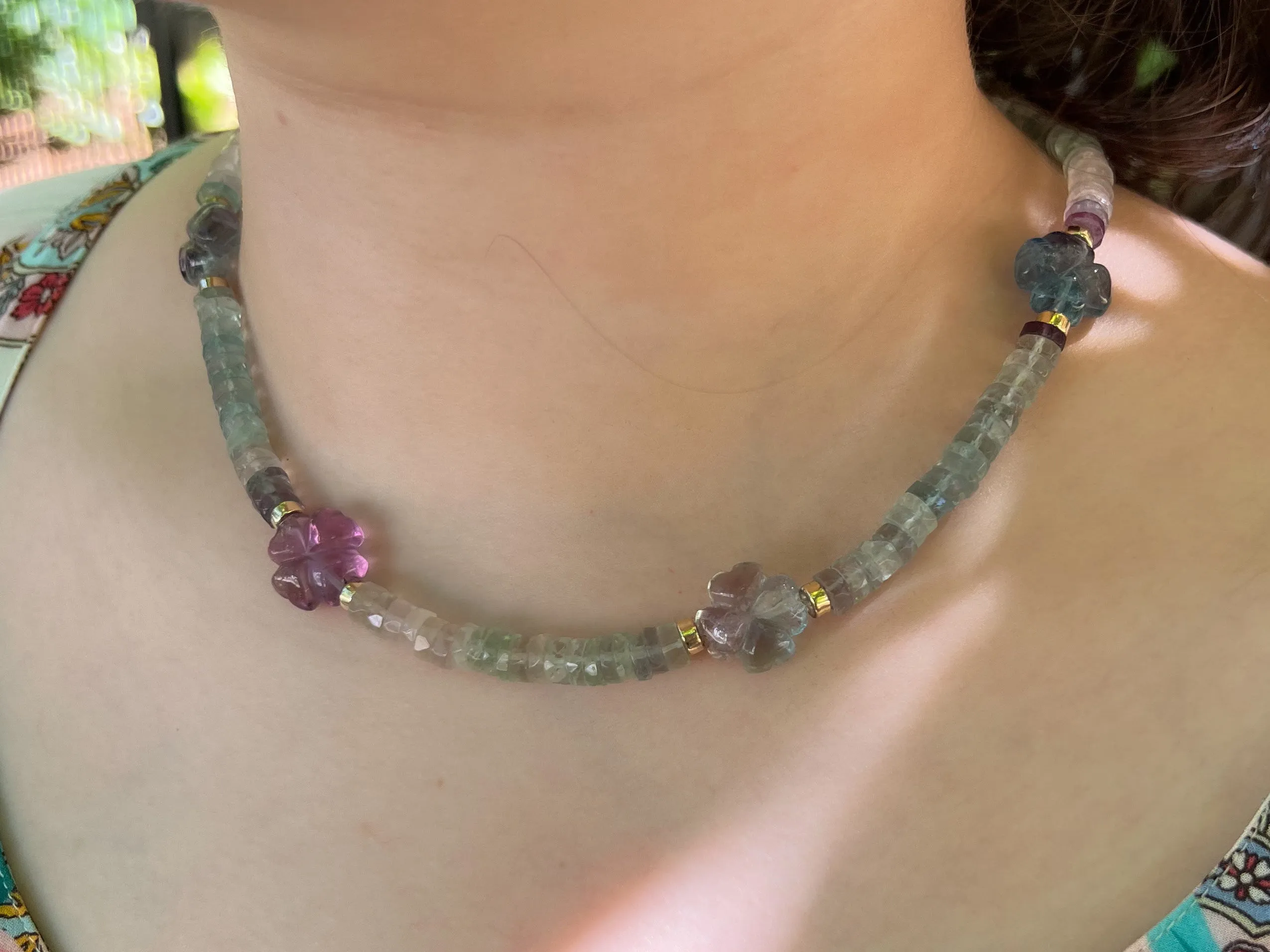 Fluorite Necklace with Carved Fluorite Flower Accents