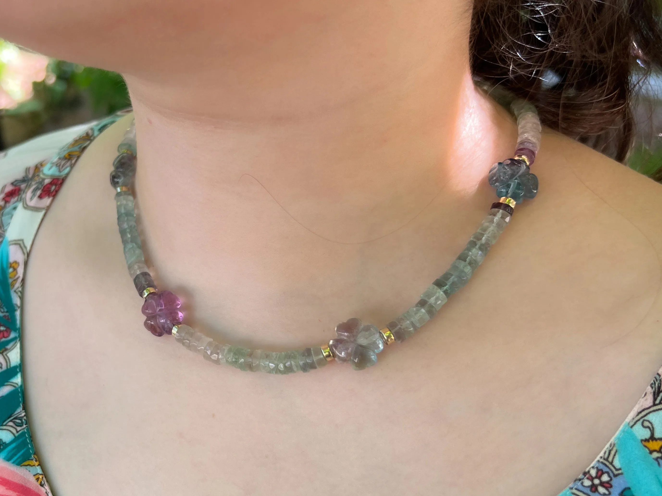 Fluorite Necklace with Carved Fluorite Flower Accents