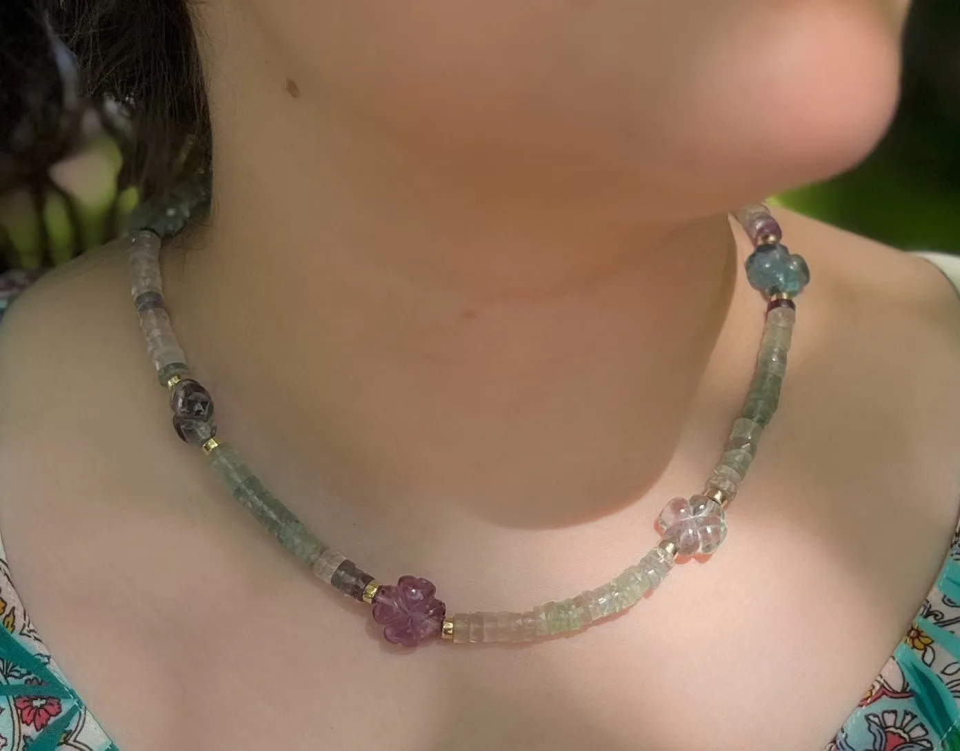 Fluorite Necklace with Carved Fluorite Flower Accents