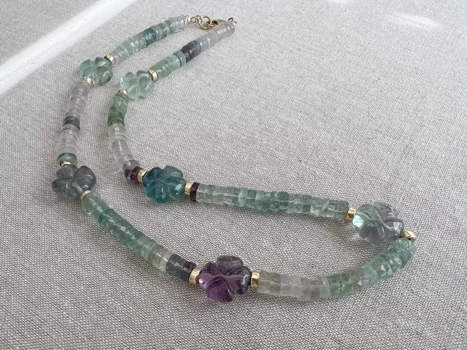 Fluorite Necklace with Carved Fluorite Flower Accents