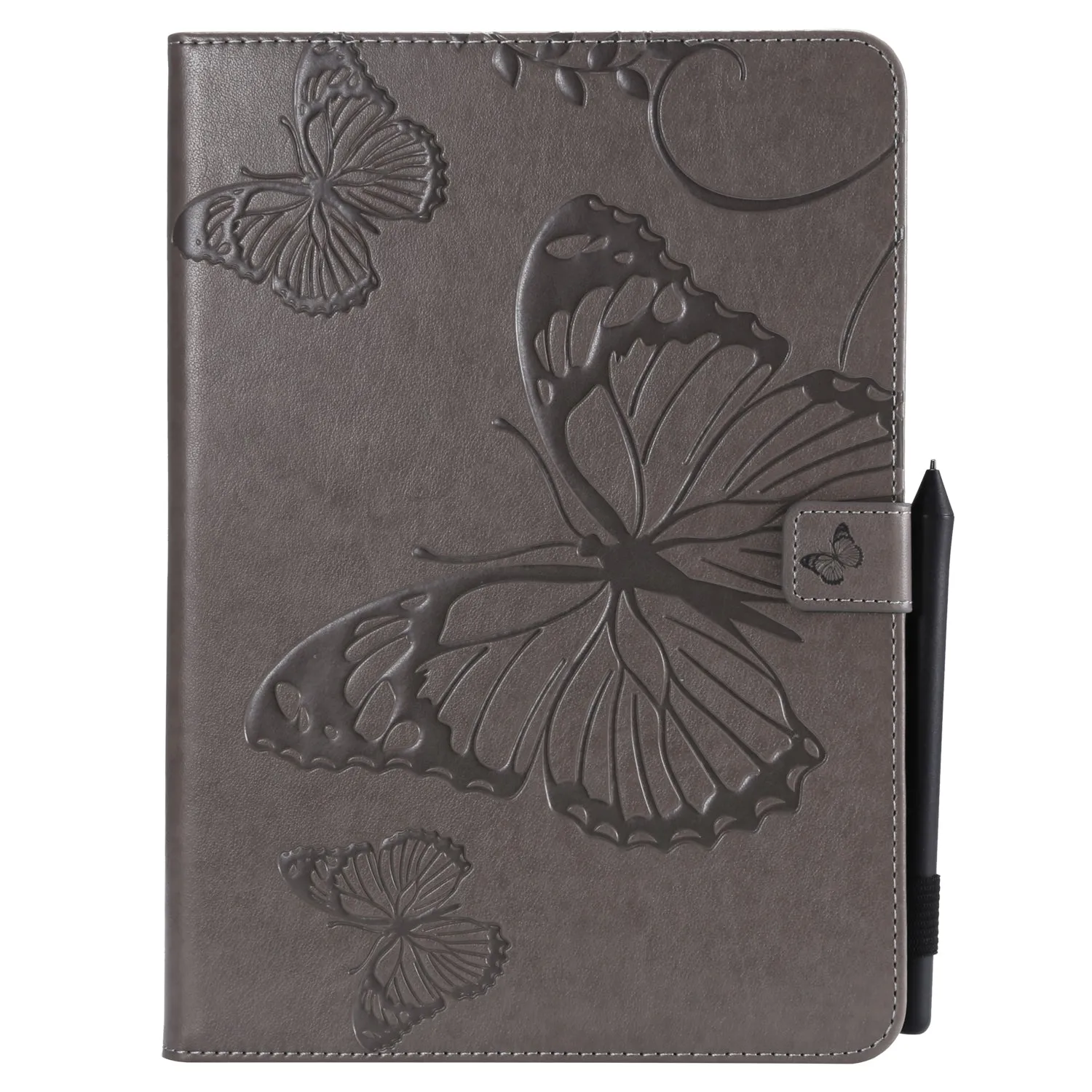 For iPad 5/6/air1/air2 9.7 Fashion Butterfly Embossed PU Leather Magnetic Closure Stand Case Auto Wake/Sleep Cover with Pen Slot gray