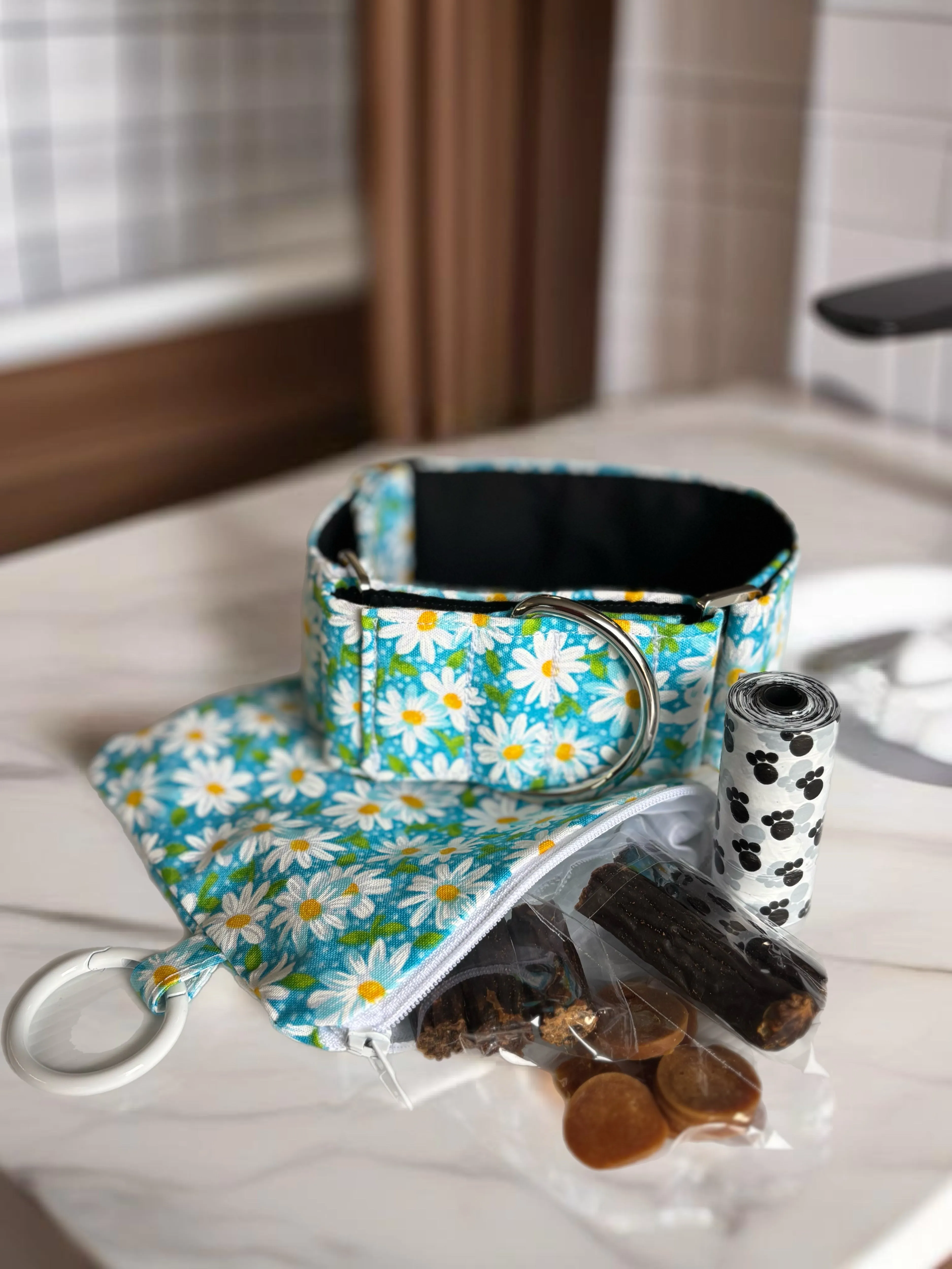 Fresh blue daisies design Cotton covered greyhound Martingale collar wide super soft