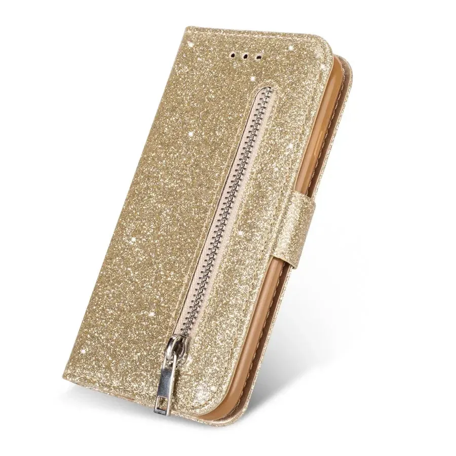 Glitter Bling Wallet Magnetic Zipper Leather Flip Case For Samsung Galaxy Note