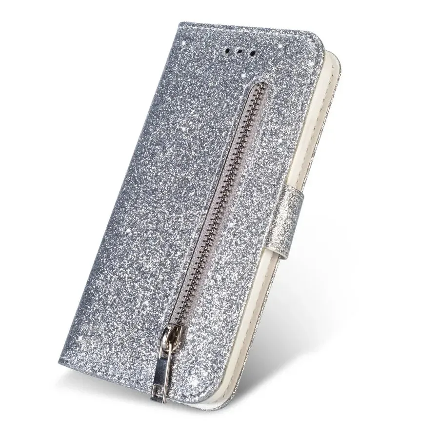 Glitter Bling Wallet Magnetic Zipper Leather Flip Case For Samsung Galaxy Note