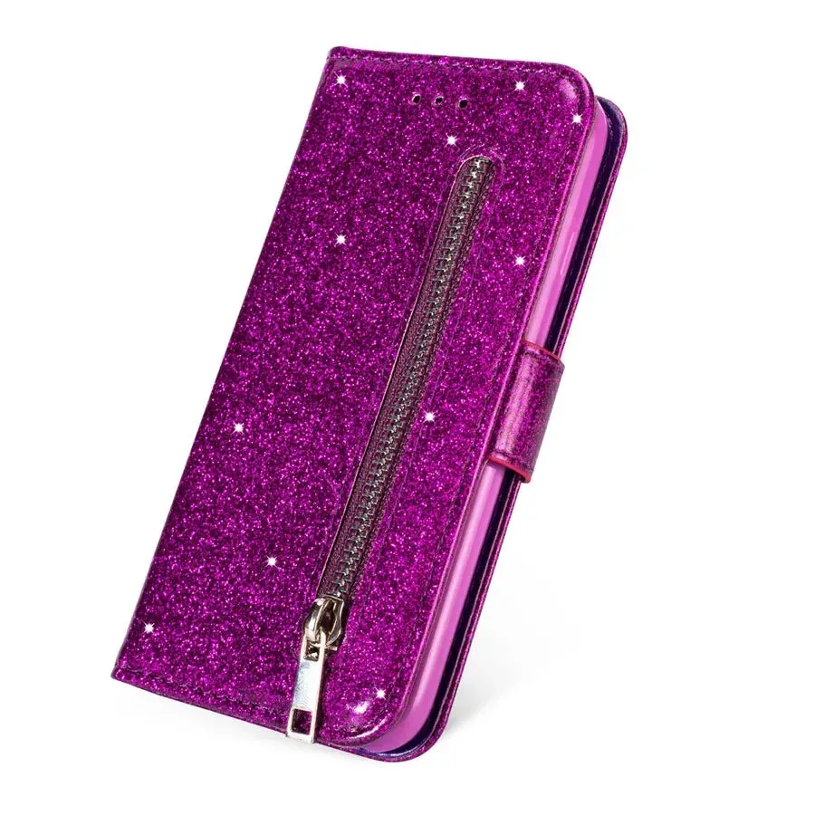 Glitter Bling Wallet Magnetic Zipper Leather Flip Case For Samsung Galaxy Note