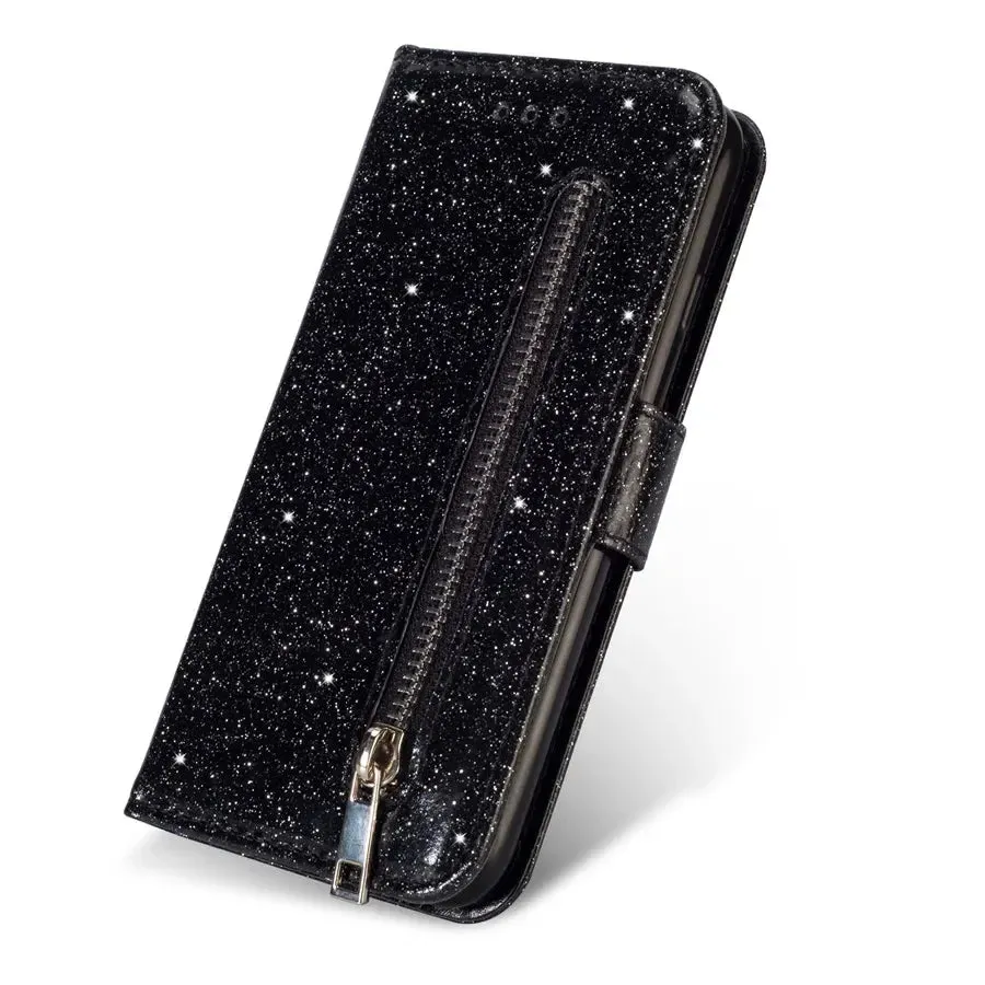 Glitter Bling Wallet Magnetic Zipper Leather Flip Case For Samsung Galaxy Note