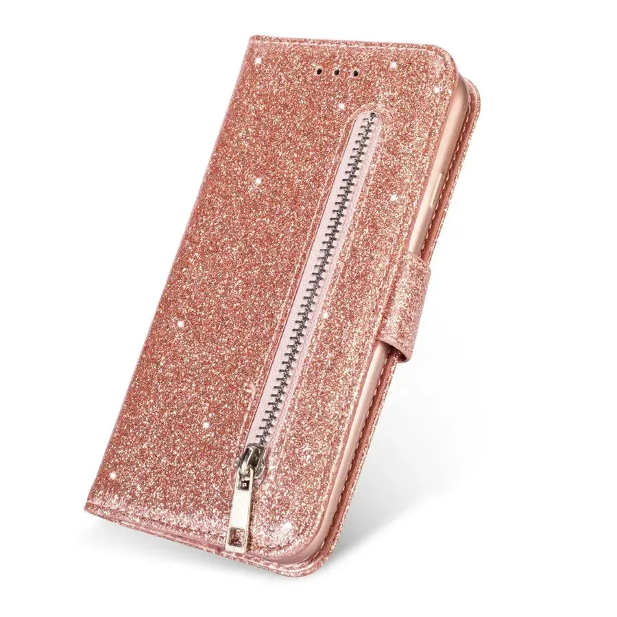 Glitter Bling Wallet Magnetic Zipper Leather Flip Case For Samsung Galaxy Note