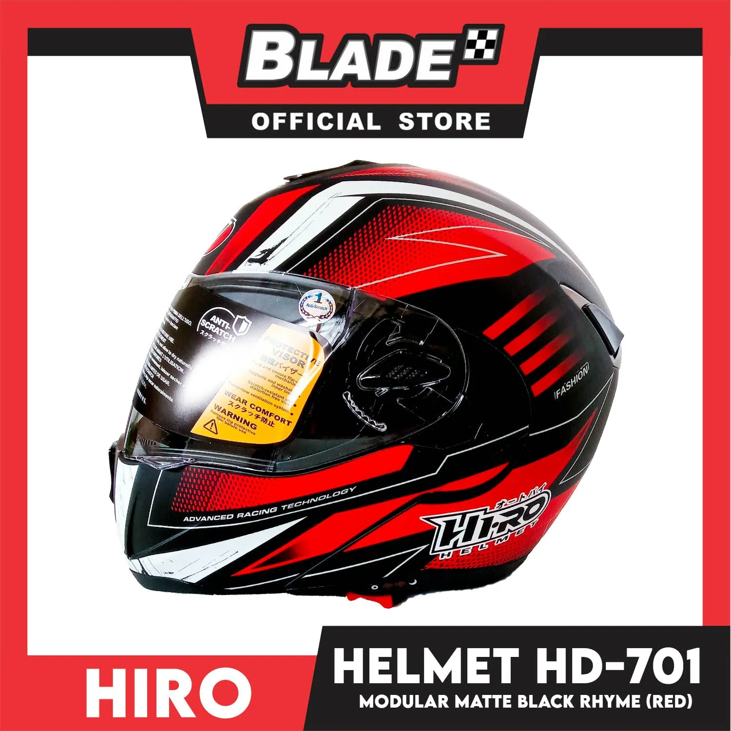HIRO Helmet FU (Large) HD-701 Matte Black Rhyme Red Color (Modular)