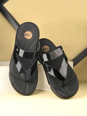 Hitz Men's Black Leather Open Toe Comfort Slippers