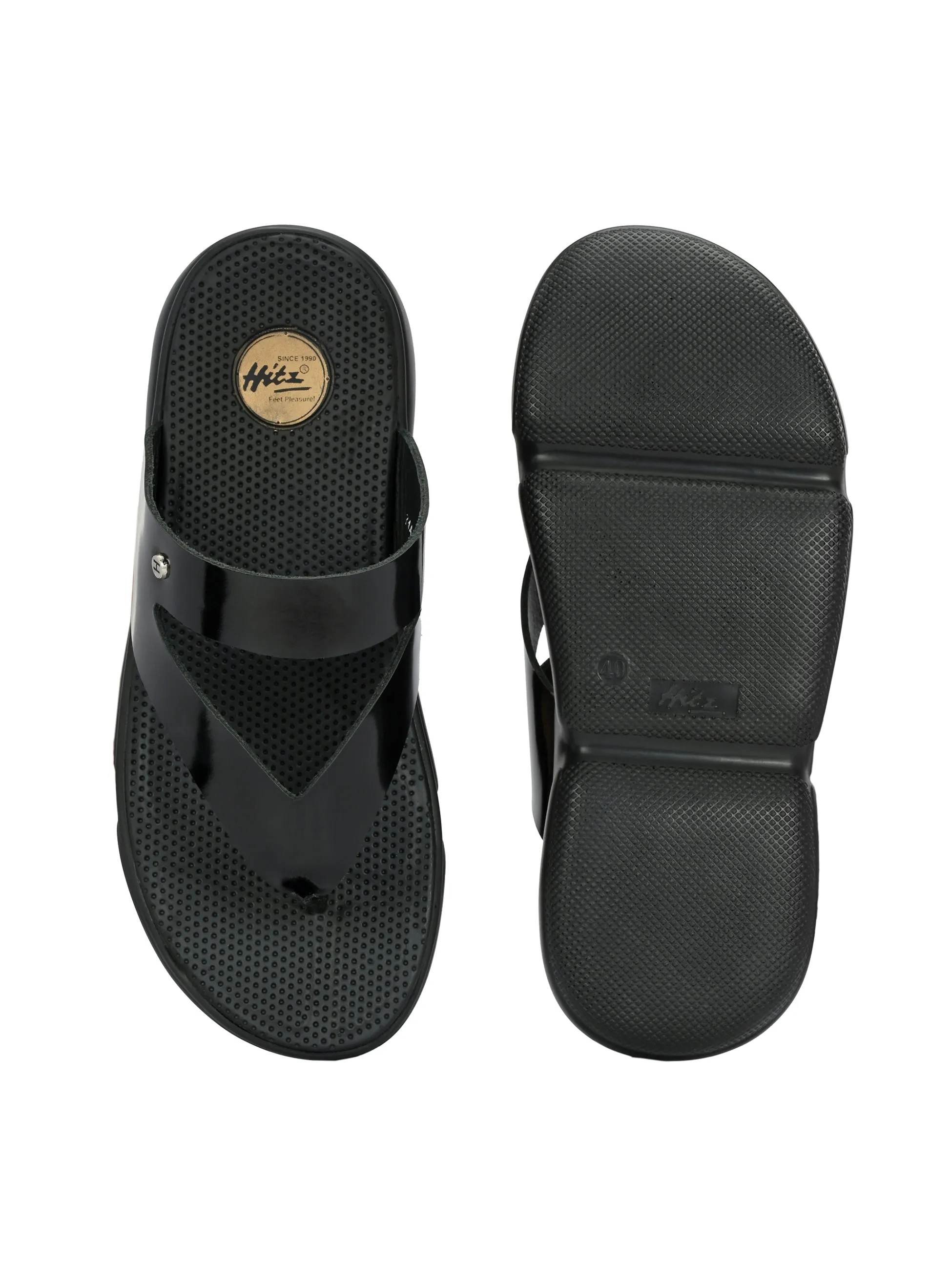 Hitz Men's Black Leather Open Toe Comfort Slippers