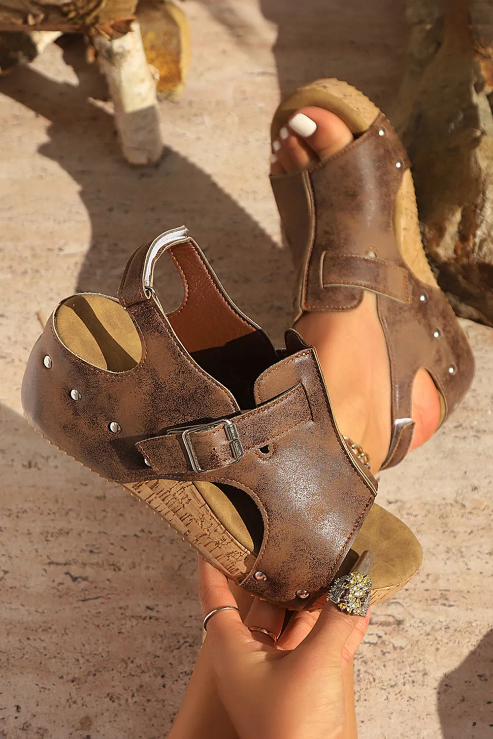 Hollow Out Buckle Wedge Sandal