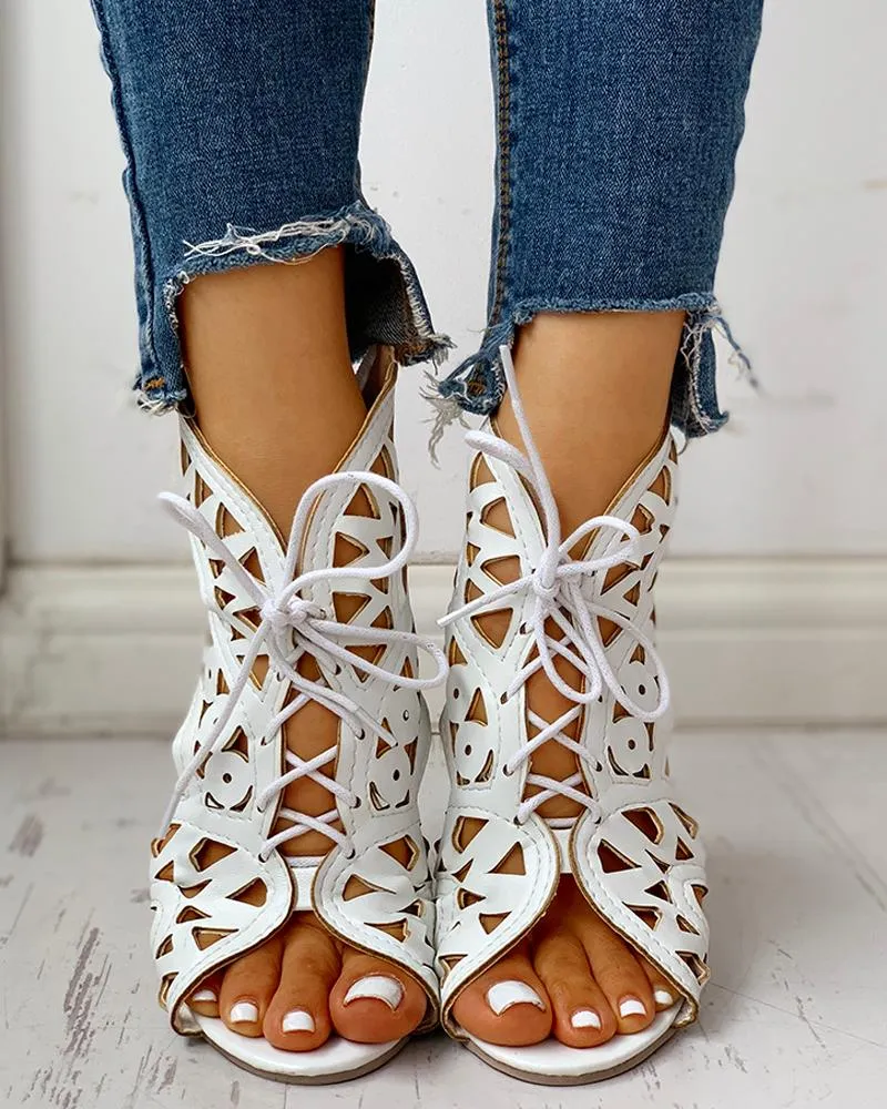 Hollow Out Lace up PU Wedge Sandals
